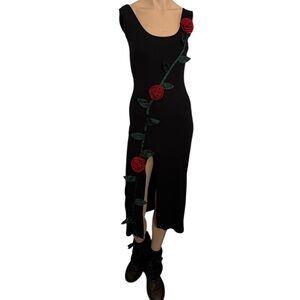 Samantha Pleet Climbing Rose Black Dress with Red Floral Design Size S